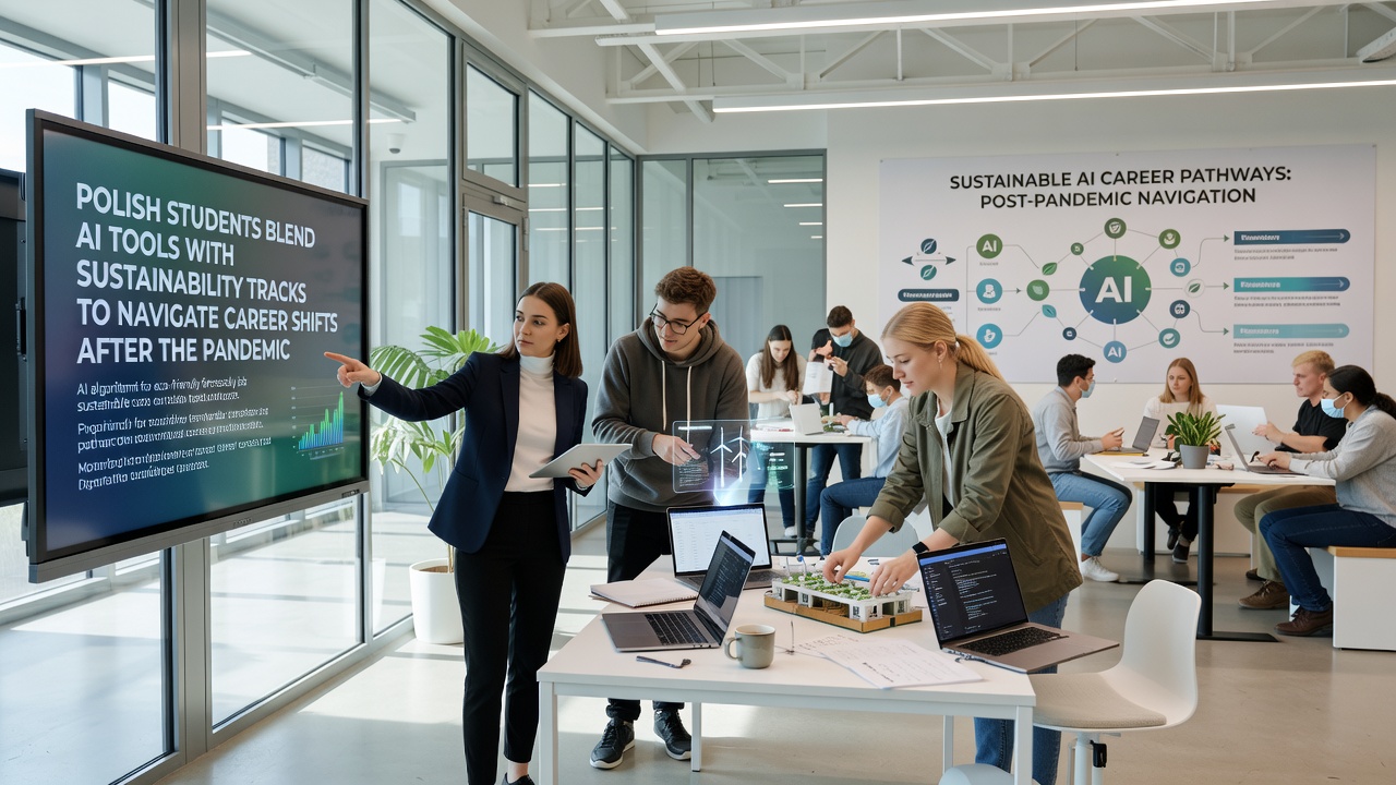 Students using AI software to analyze environmental data on laptops during a university workshop
